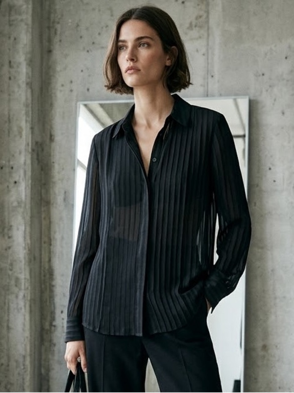 Tommy Hilfiger Sheer Pleated Button Down Blouse Black Size M